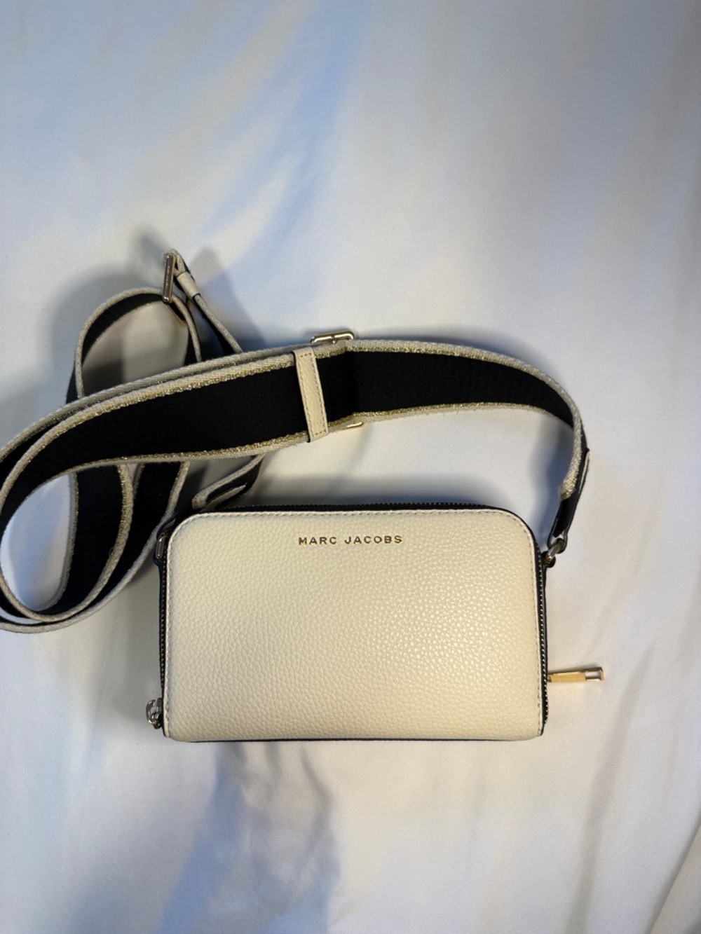 Marc Jacobs Cream Pebbled Leather Crossbody with Black-Trim Strap